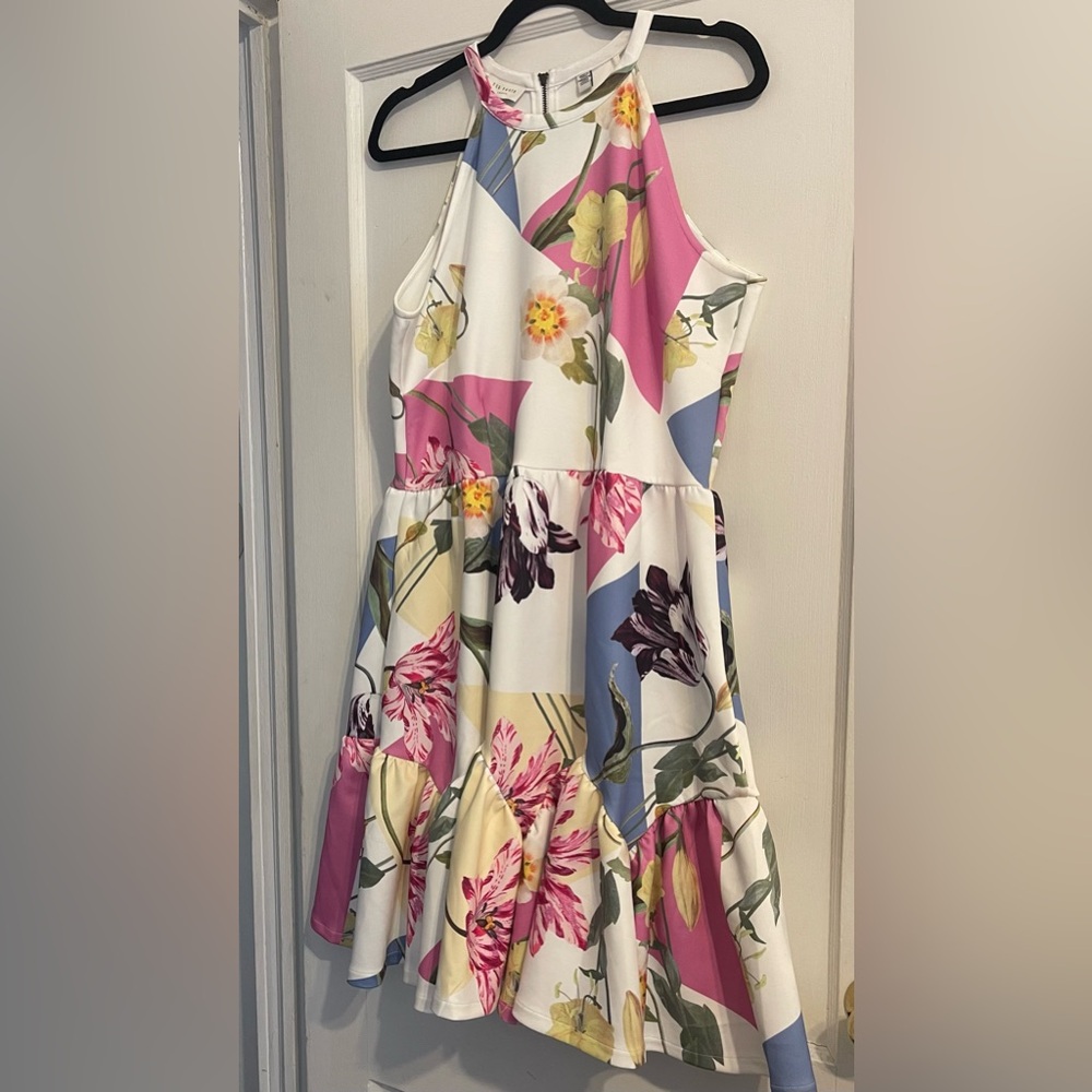 Ted Baker Floral-Trim Sleeveless Dress in White, Pink & Blue